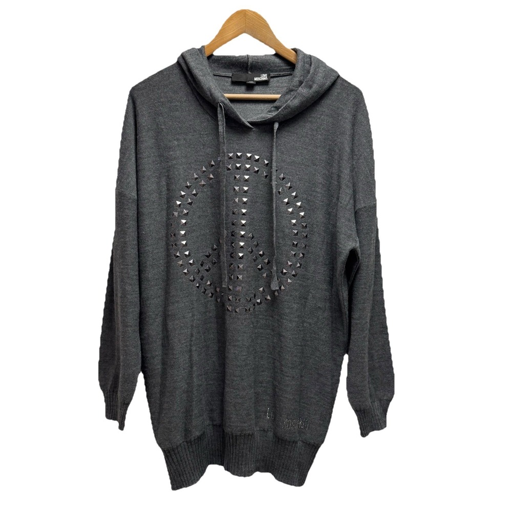 Love Moschino Women's Sz 10 Gray Studded Peace Sign Hooded Pullover Wool Sweater